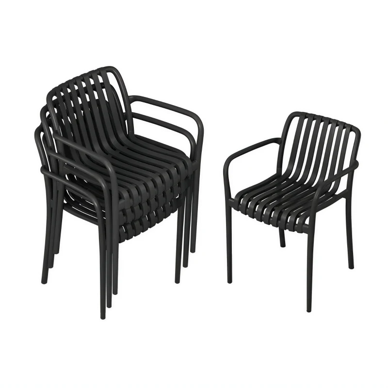 Outsunny Lot de 4 Chaises de Jardin Empilables avec Dossier Incurvé et Accoudoirs, pour Piscine Terrasse, 55x58,5x81,5cm, Noir