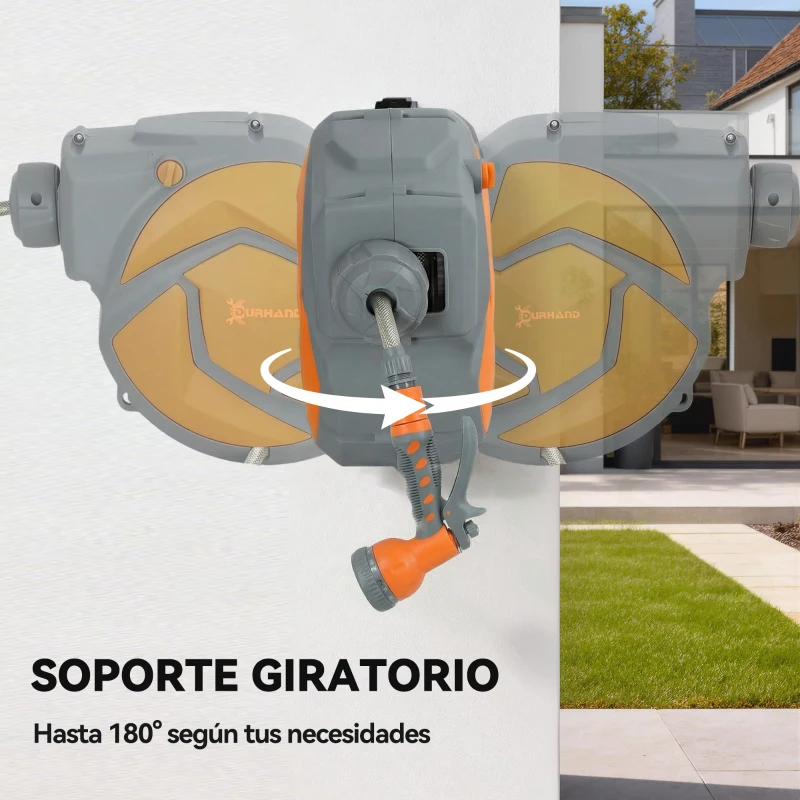 DURHAND Manguera Retráctil de Pared con Carrete de 10+1 m con Retorno Enrollado Automático y Boquilla de 7 Funciones Gira 180°
