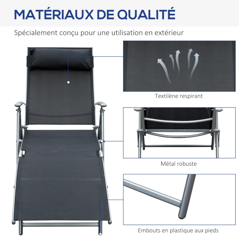 Outsunny transat Chaise Longue Bain de Soleil Pliable Dossier inclinable Multi-Positions têtière fournie 137L x 64l x 101H cm métal époxy textilène Noir