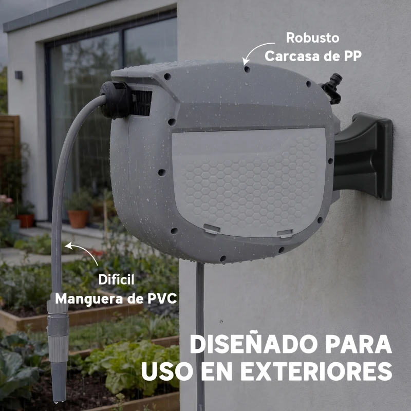 Outsunny Carrete de Manguera Retráctil 10+1 m con Boquilla de 2 Modos Bloqueo Automático y Retracción Controlada Soporte Gris