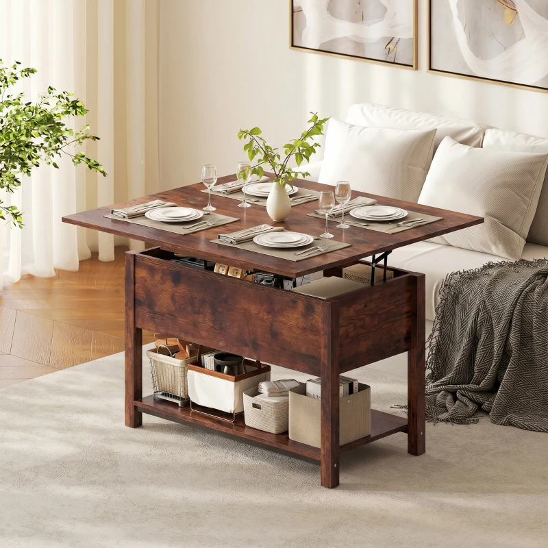 HOMCOM Mesa de Centro Elevatória e Extensível Mesa de Sala com Compartimento Oculto Prateleira Aberta 100x45x50,5 cm Castanho Rústico