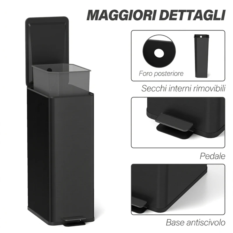 HOMCOM Cestino Spazzatura 20L con Chiusura Ammortizzata e Secchio Rimovibile, in Acciaio e PP, 21.5x37.2x57 cm, Nero