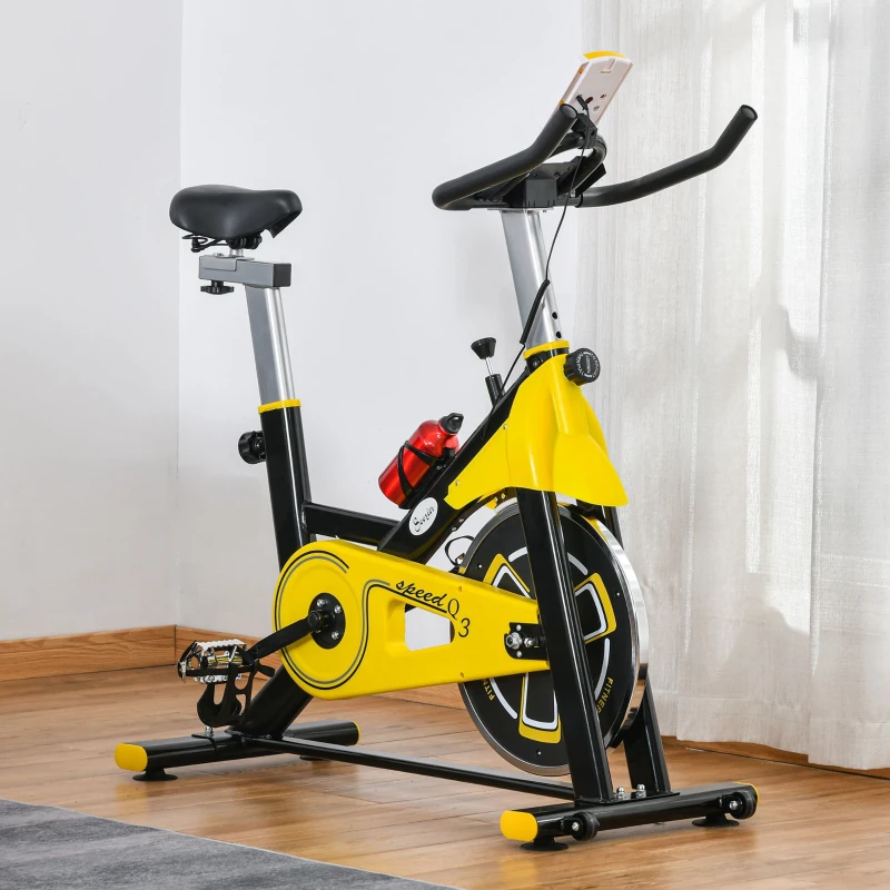HOMCOM Bici Estática Bicicleta de Fitness con Resistencia Regulable Pantalla LCD Ruedas Manillar y Asiento Ajustable Amarillo