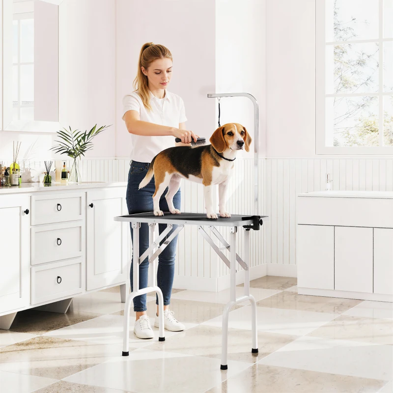 PawHut Mesa de Peluquería Canina Plegable con Encimera Antideslizante Brazo Ajustable 81x48,5x80 cm Negro
