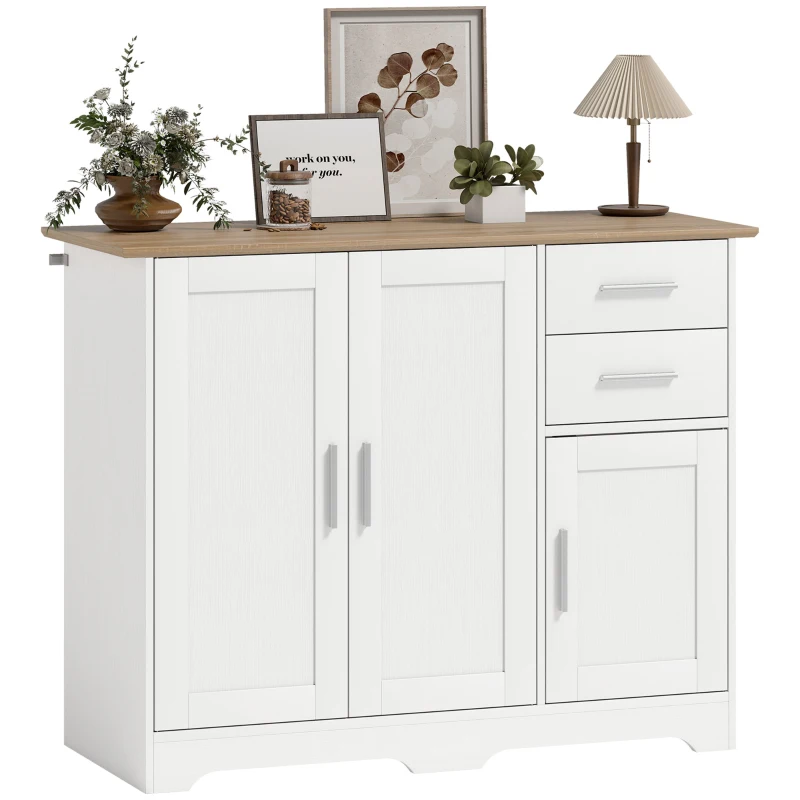 HOMCOM Buffet salon, meuble de rangement avec 2 tiroirs, 3 portes et étagère réglable, 100 x 40 x 78 cm, blanc et bois naturel(m-11)