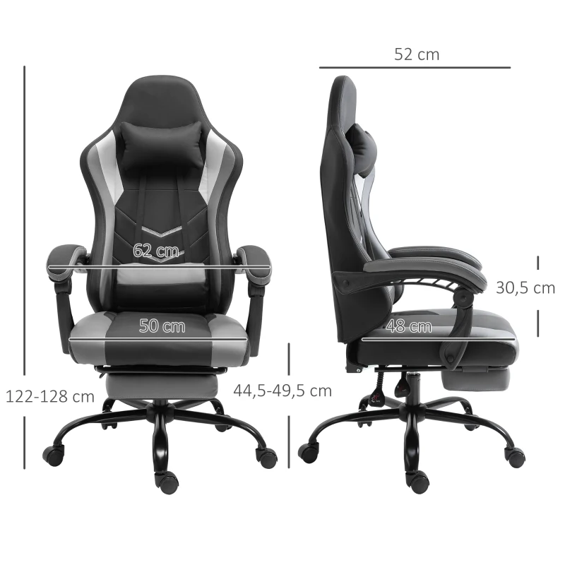 Vinsetto Cadeira Gamer Ergonômica Cadeira de Escritório para Secretária Cadeira Giratória Altura Ajustável Almofada Lombar Ajustável com Apoio de Pés 62x52x128 cm Preto
