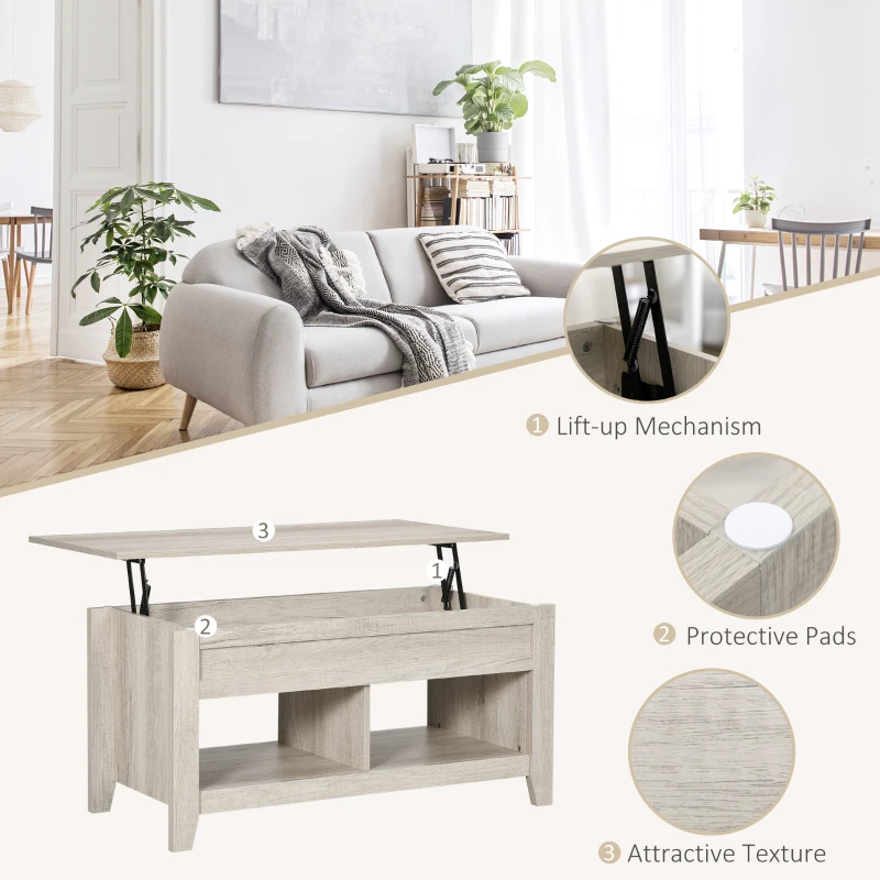 HOMCOM Lift Top Coffee Table w/ Hidden Storage Compartment Open Shelves Lift Tabletop Pop Up Centre Table for Living Room Oak Effect