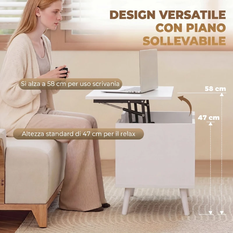 HOMCOM Tavolino da Caffè con Piano Sollevabile e Spazio Nascosto, 75 cm Bianco Punzonato