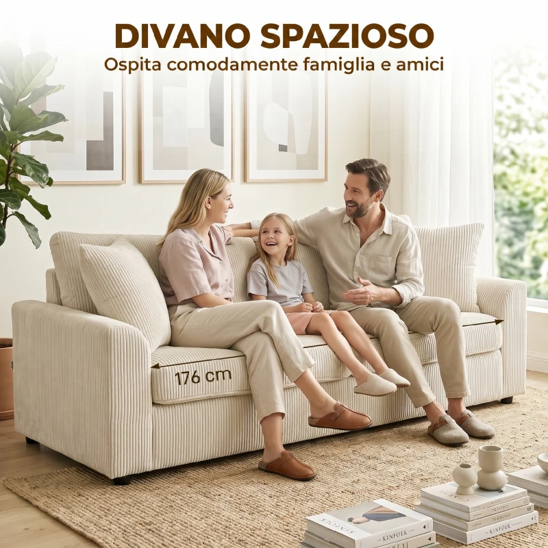 HOMCOM Divano 3 Posti in Velluto a Coste con Molle Insacchettate e 2 Cuscini, 212x80x88 cm, Bianco Crema