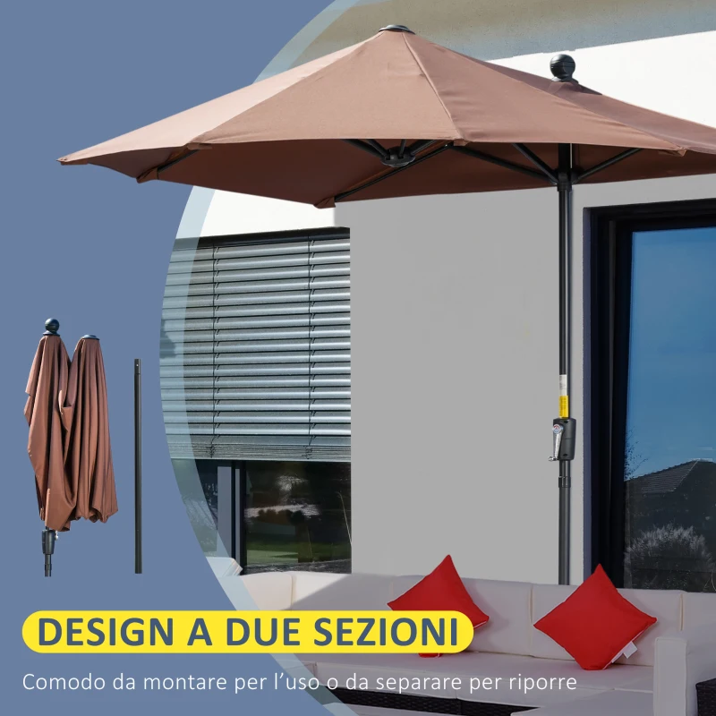 Outsunny Ombrellone a Mezzaluna Doppio 2x2 m con Apertura a Manovella e Supporto a Croce, in Acciaio e Poliestere, Caffè