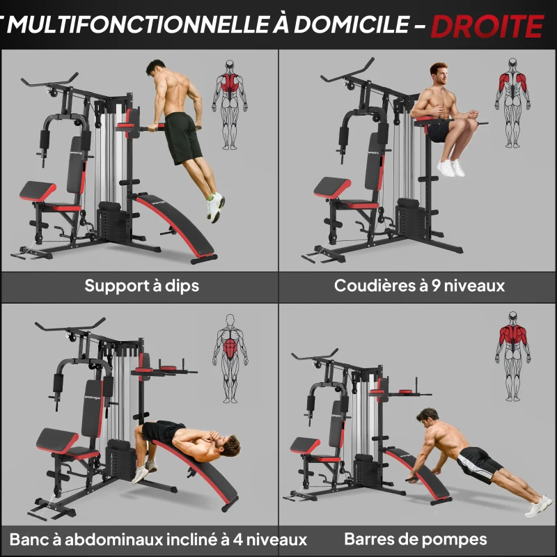 SPORTNOW Station Multi Gym avec Poids de 65 kg, Équipement de Musculation avec Banc pour Abdominaux, Noir et Rouge