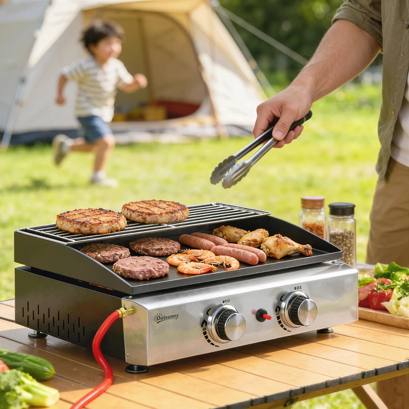 Outsunny 2 Burner Grill Griddle, Portable Gas Plancha with Warming Rack, 5 kW, Tabletop Gas BBQ with Grease Cup, Black