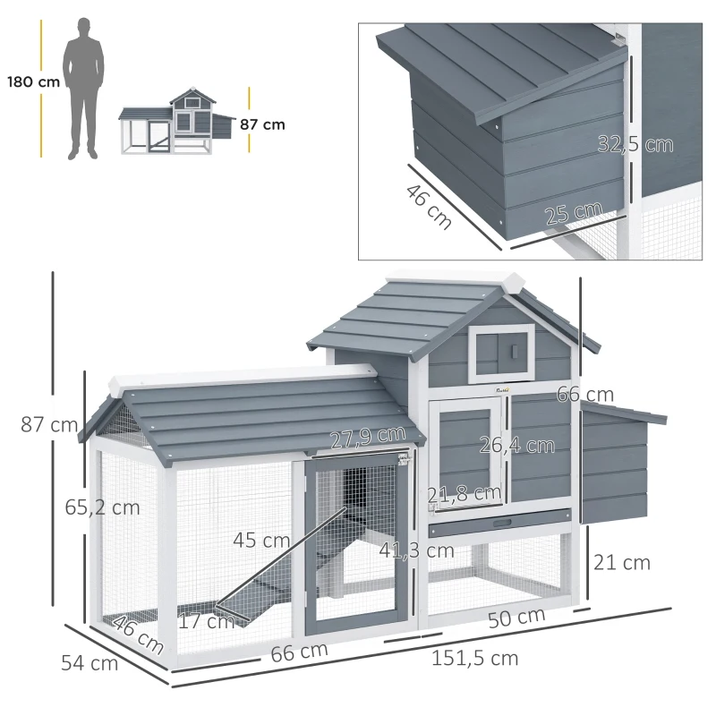 PawHut Petit poulailler cottage cage à poules sur pied dim. 150,5L x 54l x 87H cm multi-équipement bois massif de sapin