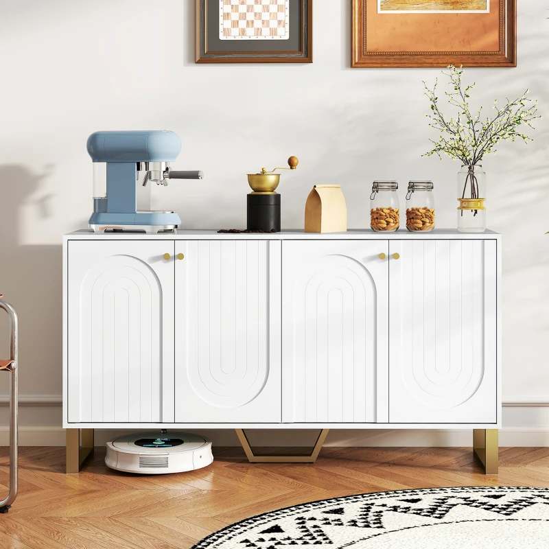 HOMCOM Aparador con 4 Puertas Arqueadas Estantes Ajustables y Patas Doradas 140,8x35x77,5 cm Blanco