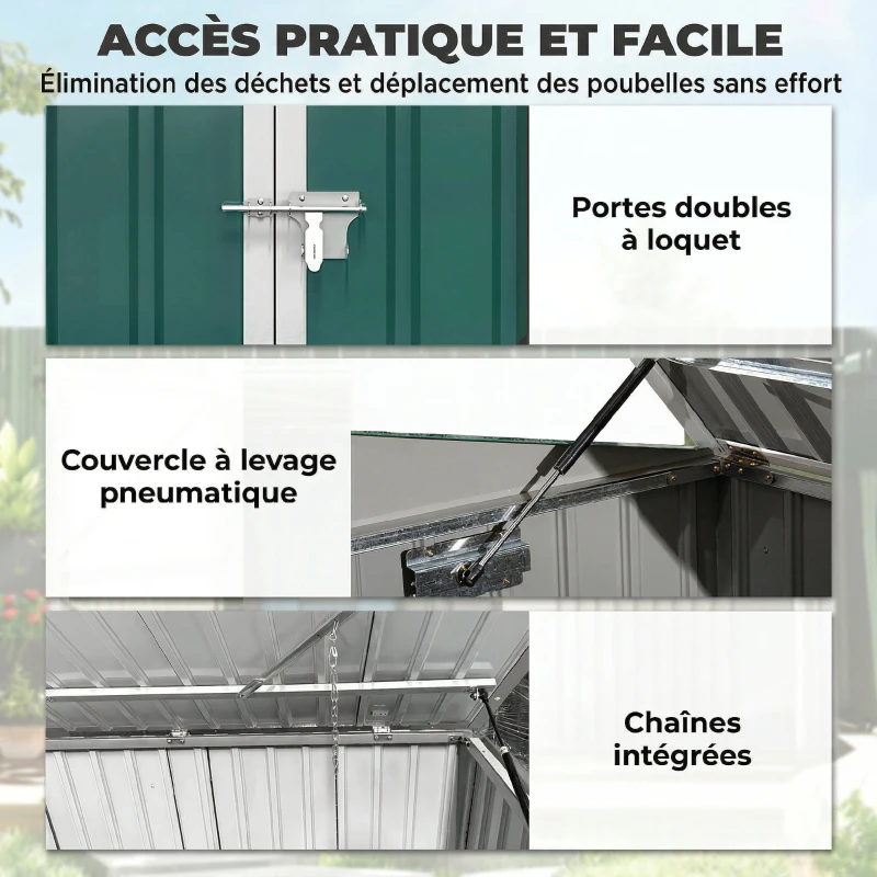 Outsunny Cache Poubelle Extérieur en Acier Galvanisé pour 2 Poubelles, Double Porte, Couvercle Pneumatique, 180x108x130cm, Vert