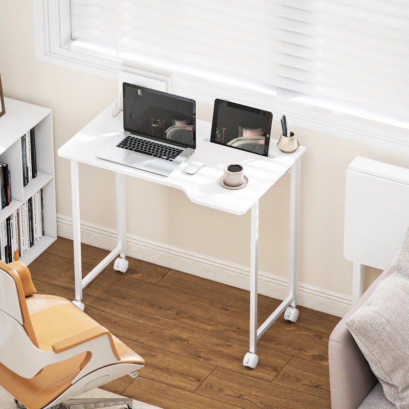 HOMCOM Schreibtisch, klappbarer Computertisch, platzsparender Bürotisch mit Rollen, Geräteschlitz, 80 x 52 x 75 cm, Weiß