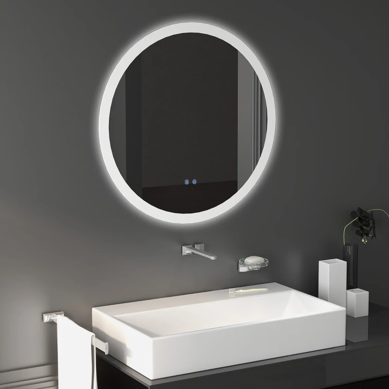 kleankin Round Bathroom Mirror with LED Lights, Wall-Mounted Dimmable Makeup Mirror with 3 Temperature Colours, Defogging Film, Memory Function, Hardwired, 70 x 70 cm