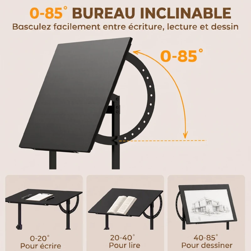 HOMCOM Table à Dessin Inclinable 0°-85°, Bureau à Dessin Réglable en Hauteur avec Rebord Antidérapant, Cadre en Acier, Noir