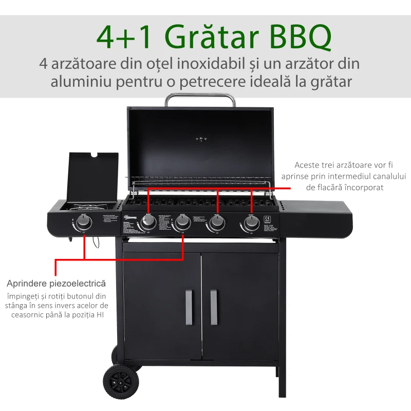 Outsunny Gratar pe Gaz cu 5 Arzatoare Rafturi Laterale si Dulap