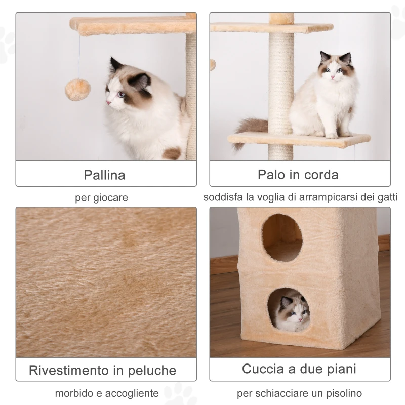 PawHut Tiragraffi a Soffitto Multilivello 220-245cm Palestra per Gatti con Cucce, Piattaforme e Corde in Juta, Giallo