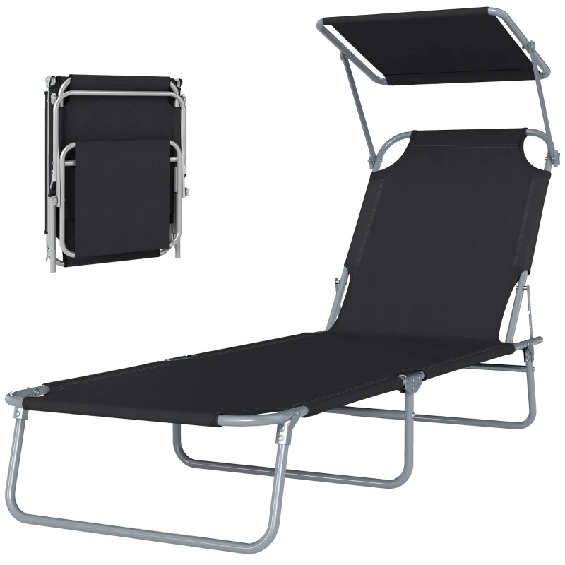 Outsunny Transat Bain de Soleil Pliable Chaise Longue Pliante Grand Confort Dossier Inclinable Multi-positions et Pare-Soleil réglable Dim. 187L x 58l x 36H cm Noir