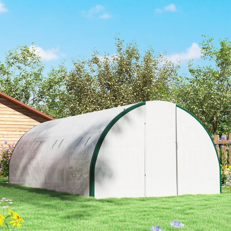Outsunny Estufa túnel de jardim 18 m², estufa túnel de jardim com portas e 8 janelas, lona PE 140g/m² 600 x 300 x 200 cm branca