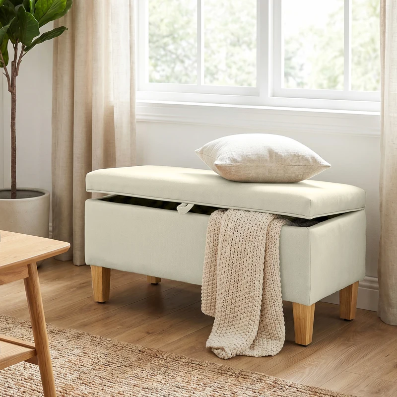 HOMCOM Banc de rangement, bout de lit, repose-pieds rembourré en lin avec pieds en bois de caoutchouc, 71x37x36cm, beige