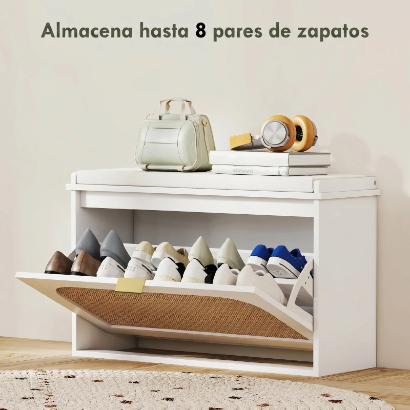 HOMCOM Banco Zapatero Boho con Asiento Acolchado Puerta de Ratán Cajón Abatible Estante Ajustable 8 Pares 80x26x47,5 cm Blanco