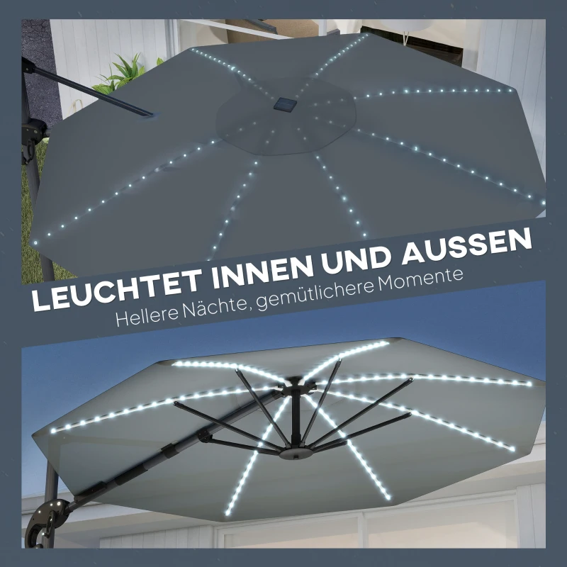 Outsunny Alu Ampelschirm LED Solar Ø300 cm höhenverstellbar Sonnenschirm mit Kurbel Ständer UV50+ Dunkelgrau