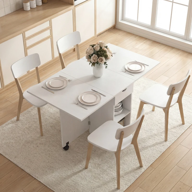HOMCOM Mesa de Cocina Plegable con Ruedas Alas Abatibles Cajón y Estantes para 2-4 Personas 120x72x75 cm Blanco