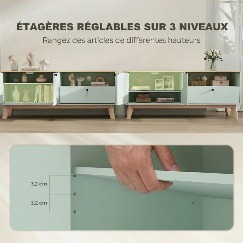 HOMCOM Meuble TV 120 cm, meuble télé pour téléviseur jusqu'à 36 pouces avec 2 portes, tiroir, compartiment ouvert, vert clair