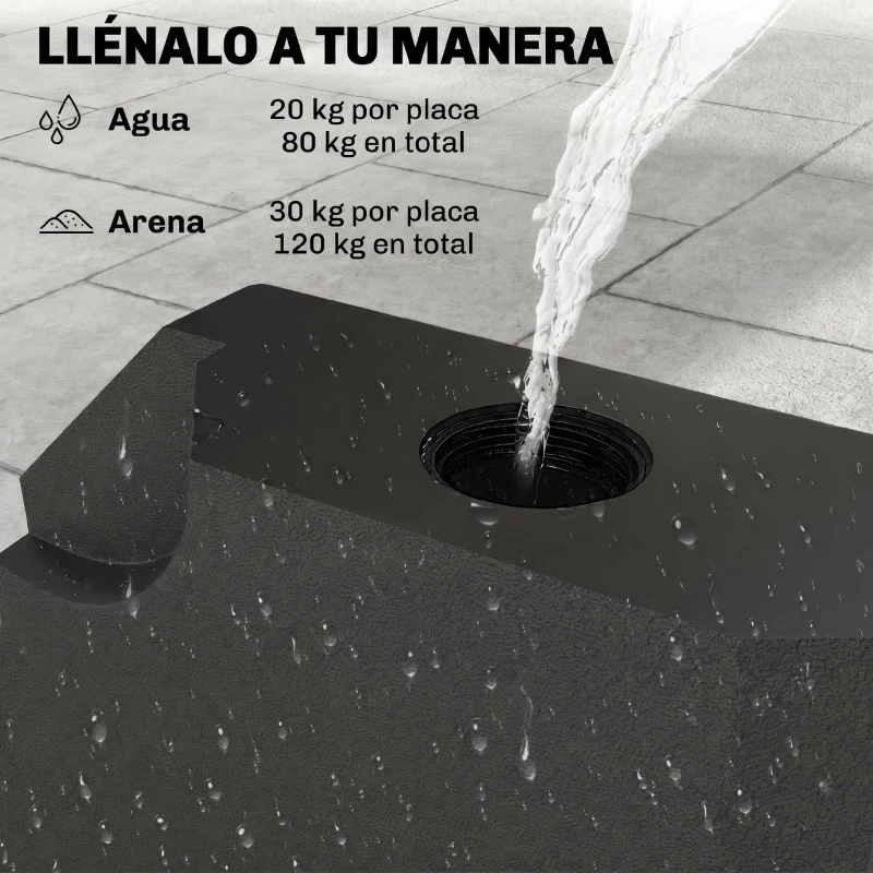 Outsunny Set de 4 Piezas Soporte de Parasol Base para Sombrilla Terreza o Jardín Rellenable de 80 kg de Agua o 120 kg de Arena Estable 100x100x9,5 cm Negro