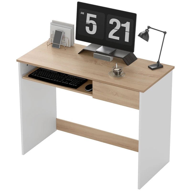 HOMCOM 100cm Compact Computer Desk with Keyboard Tray, Home Office Desk with Drawer for Bedroom Study, Oak