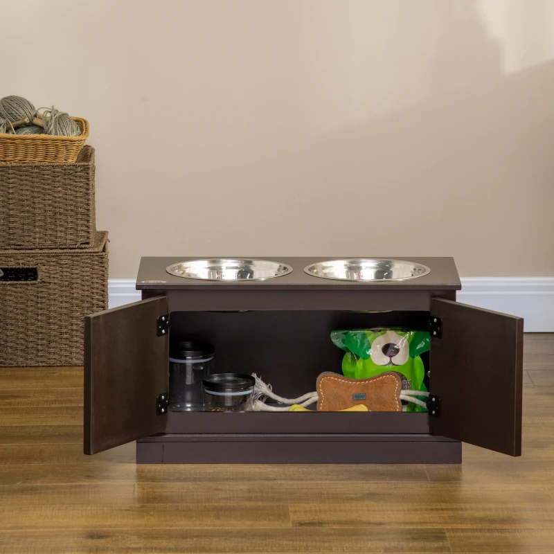 PawHut Estação de Alimentação Comedouros Elevados Incluindo Armazenamento 60x30x34 cm Castanho e Prata
