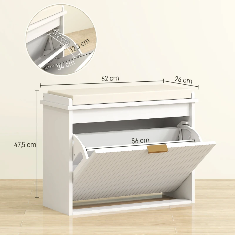 HOMCOM Banc à chaussures avec coussin d'assise rembourré et tiroir rabattable pour couloir, chambre, 62 x 26 x 47,5 cm, blanc(m-3)