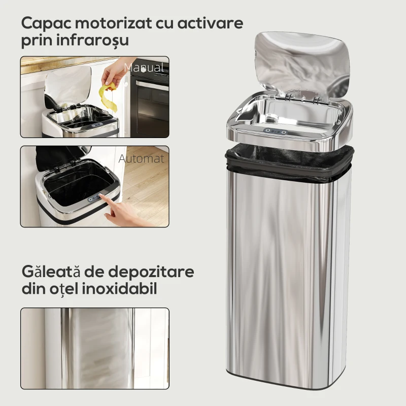 HOMCOM Coș de Gunoi Automat de 40L cu Senzor, Structură din Oțel, 33x25x70 cm, Argintiu