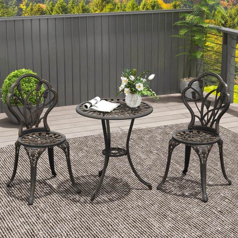 Outsunny Set da Esterno 3 Pezzi con 2 Sedie da Giardino e Tavolo Rotondo con Foro per Ombrellone, Bronzo