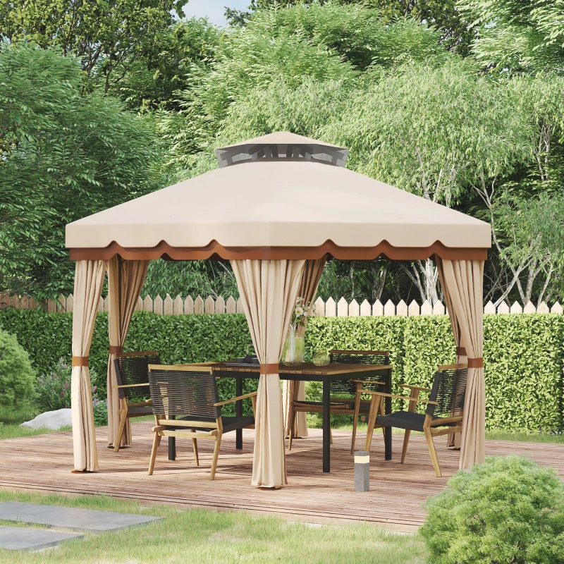 Outsunny Gazebo da Giardino 4x4m Esagonale con Doppio Tetto e Tende Laterali Rimovibili, Marrone
