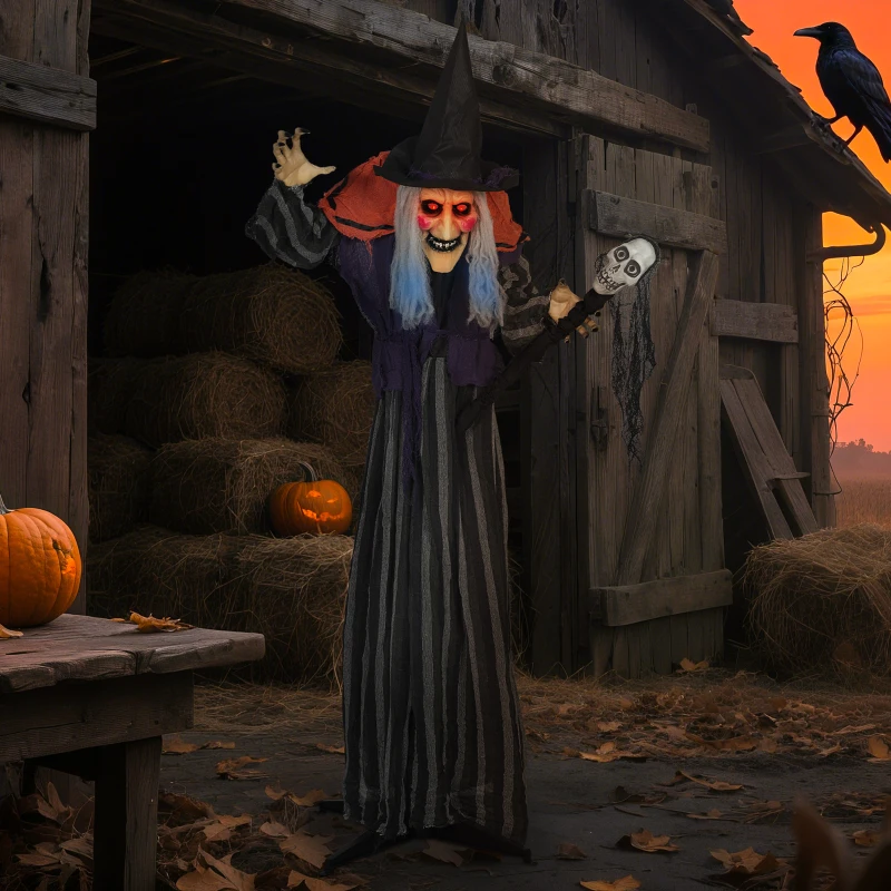 Outsunny 160 cm Halloween Dekoration Halloween Hexe mit LED-Lichter, Soundfunktion verstellbare Arme, Körper(m-10)