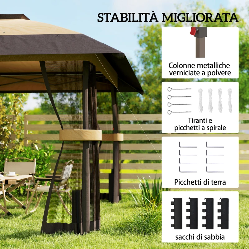Outsunny Gazebo Pieghevole 4x4 m con 4 Zanzariere Laterali, Doppio Tetto e Sacchi di Sabbia, Cachi e Marrone