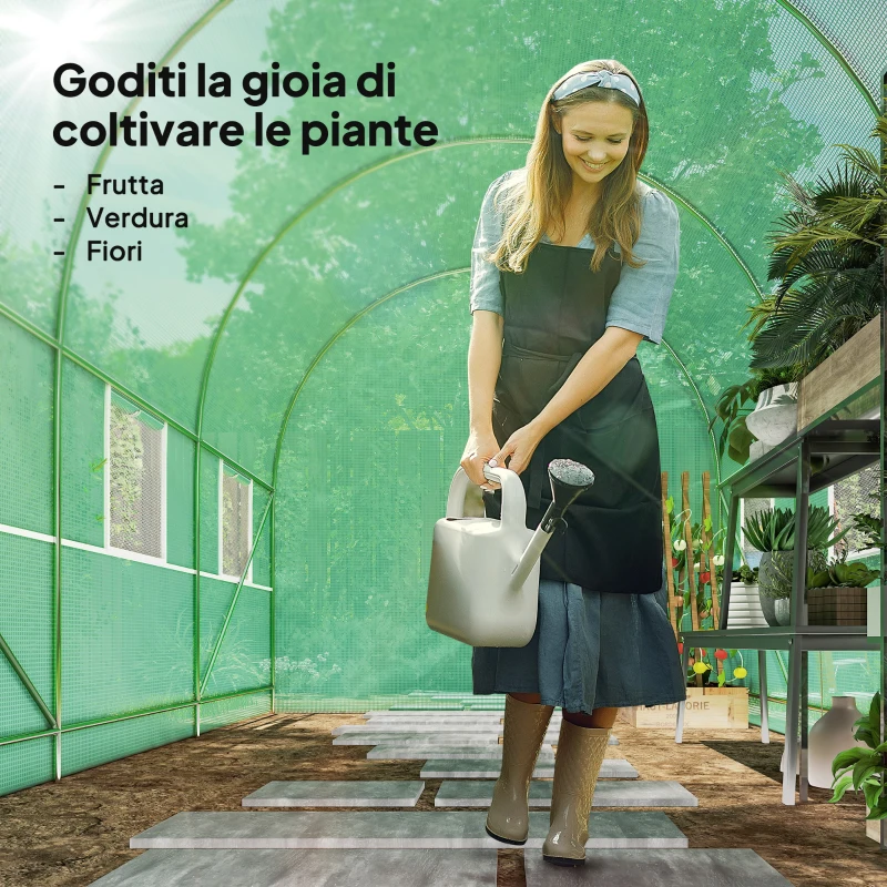 Outsunny Serra per Orto a Tunnel 3.5x2x2m in PE e Metallo con 6 finestre e Porta Avvolgibile, Verde