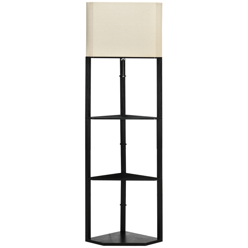 HOMCOM Stehleuchte, dreieckiges Design, 3 Regale, Stoff-Lampenschirm, 50x37x159 cm, Schwarz+Weiß