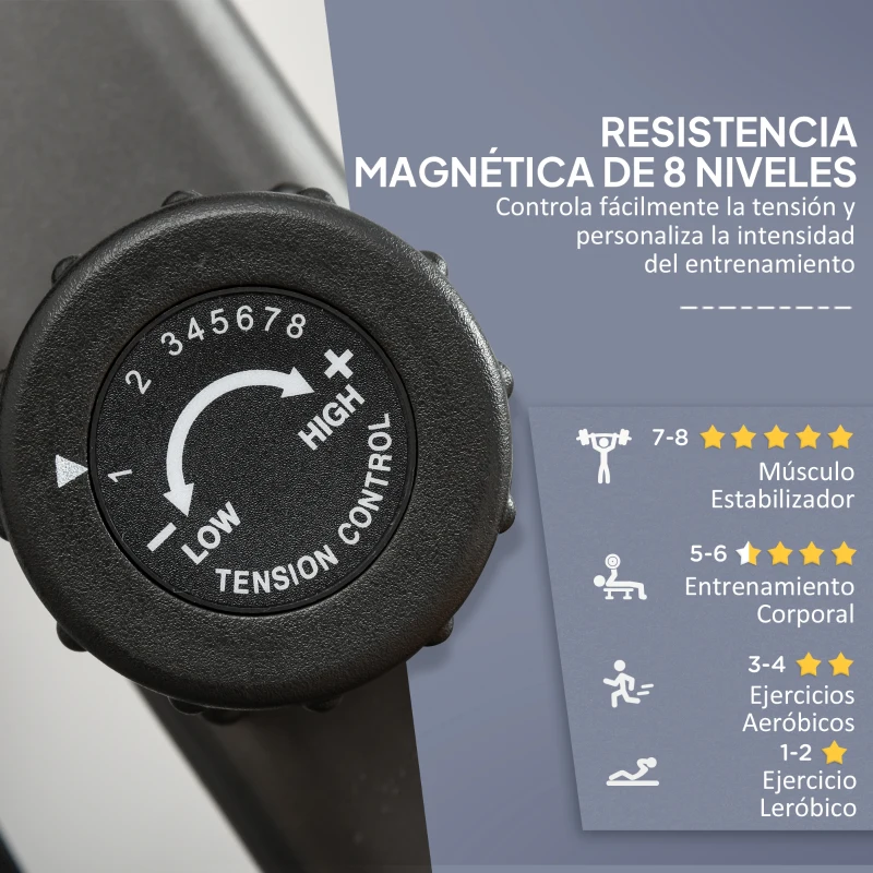 HOMCOM Bicicleta Estática con Respaldo de 8 Niveles de Resistencia con Volante Asiento Ajustable, Pantalla LCD y Soporte