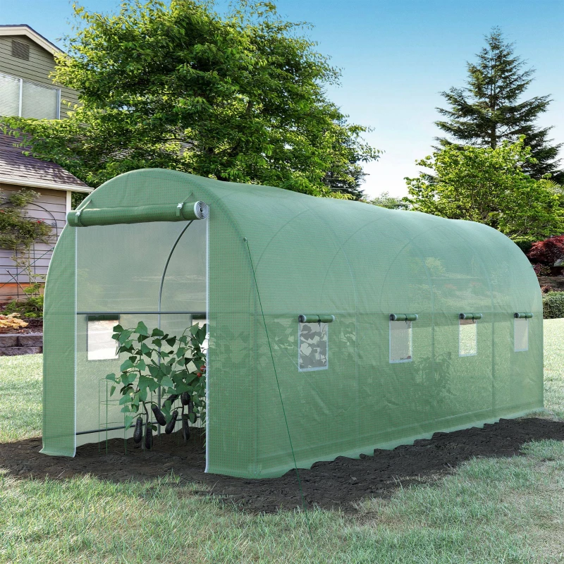 Outsunny Serre de Jardin Tunnel Surface Sol 10 m² 5L x 2l x 2,05H m châssis Tubulaire renforcé Porte zippée 8 fenêtres enroulables Vert