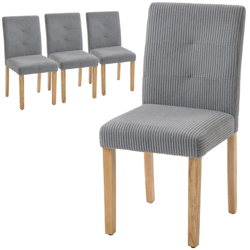 HOMCOM Pack de 4 Sillas de Comedor Respaldo Alto Tapizadas en Pana Asiento Acolchado Patas de Madera para Salón Gris