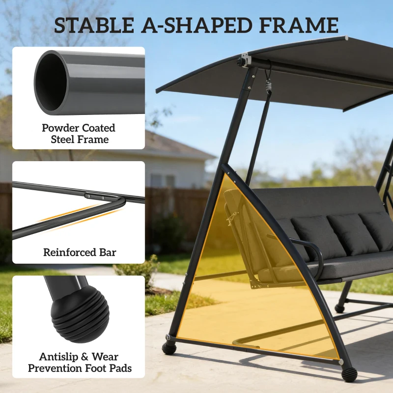 Outsunny Outdoor 2-in-1 Swing Chair Lounger 3 Seater Garden Swing Seat Bed Convertible Tilt Canopy W/ Cushion, Dark Grey
