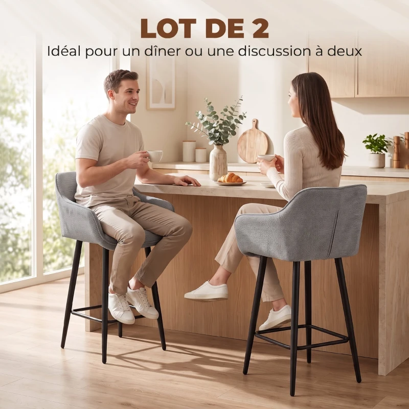 HOMCOM Lot de 2 Tabourets de Bar, Chaises de Bar Rembourrées en Chenille, Assise Large 67H cm, Dossier et Repose-Pieds, Gris