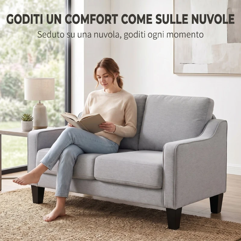 HOMCOM Divano 2 Posti Moderno e Salvaspazio in Tessuto Effetto Lino, 136x77x86 cm;, Grigio Chiaro