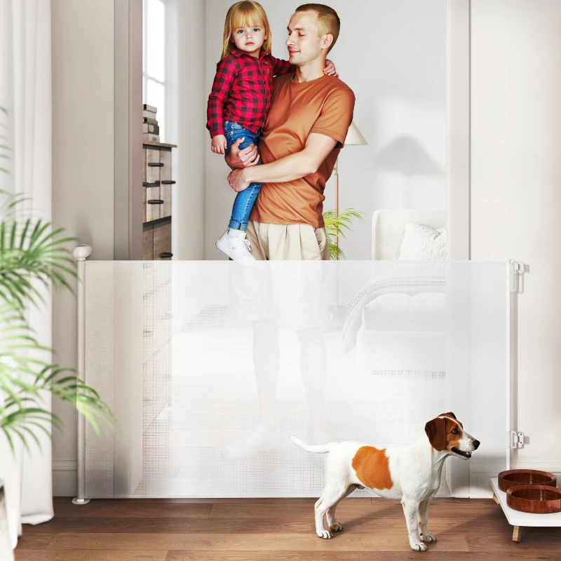 PawHut Barreira retrátil para cães de 0 a 144 cm, barreira para escadas e portas para cão e gato com fecho, branco