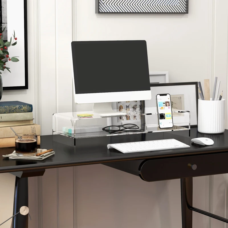 HOMCOM Suporte para monitor com compartimento para teclado, transparente, para monitores até 60,96 cm, 2 níveis, acrílico, 50,8 x 19 x 12 cm